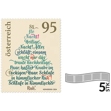 Austrian stamp 2024, nominal value 0.95 euros: 'Silent Night' lyrics in Christmas tree shape, 5-piece set.
