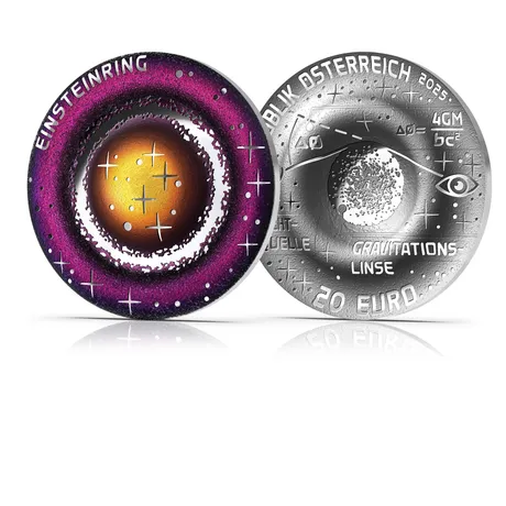 Österreichische Münze 2025, 20 Euro: Einsteinring-Design mit Thema Gravitationslinse, bunte und silberne Details.