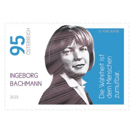 139f5d1f235a51624eddb0c3ffa6b9d150e4c030.jpg Briefmarke Österreich 2023, Nominale 0,95 Euro: Porträt von Ingeborg Bachmann mit Zitat 'Die Wahrheit ist dem Menschen zumutbar.'