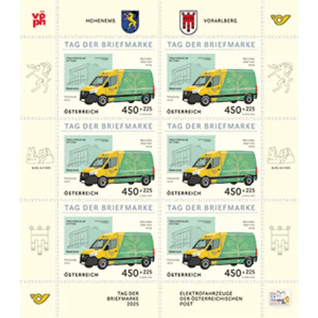 Briefmarkenblock Österreich 2023, 4,50+2,25 €, mit Elektro-Zustellfahrzeug der Post zum 'Tag der Briefmarke'.