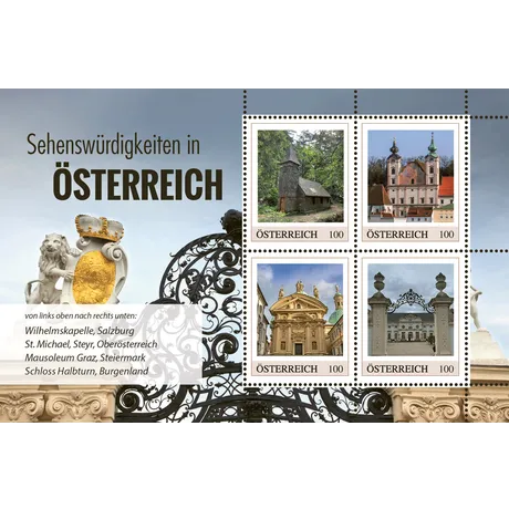 Stamp sheet “Sights in Austria” featuring four historic landmarks and a lion sculpture in the background.