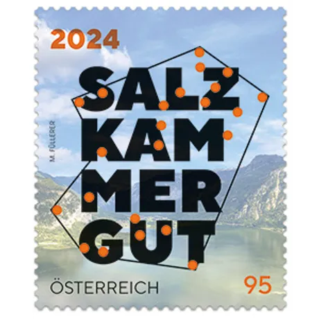 abf9b58bd96a549e6cf9ad609002b6c15dd1301a.png Briefmarke Österreich 2024, Nominale 0,95 Euro: Salzkammergut-Design mit See- und Berglandschaft im Hintergrund.