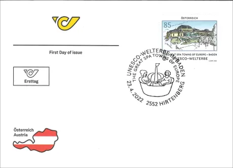 First day cover with Austrian Post stamp 2022, 0.85€, UNESCO World Heritage Baden, and special postmark.