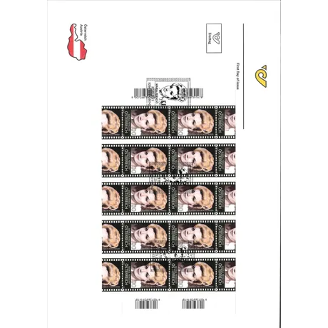 c1ec198391b89d5aac4b27c89fdf8881d4ea9508.jpg Austrian Post stamp sheet 2023, €1.00: 'Austrians in Hollywood' theme with a portrait of a woman.