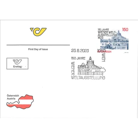 51e3e3fca5419ec7d89d3d271df7520d889f6d11.jpg First day cover with Austrian Post logo, stamp '150 Years Vienna World Exhibition 1873', and commemorative postmark.