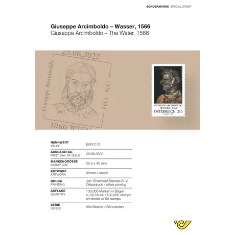 dca491874ea41dc27c78e12474b87833fef7b556.png Briefmarke Österreich 2022, Nominale 2,10 €: Giuseppe Arcimboldos 'Wasser, 1566' aus der Serie 'Alte Meister'.