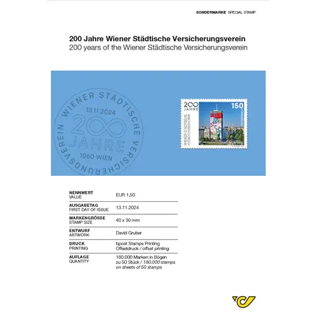 Briefmarke Österreich 2024, Nominale 1,50 €: 200 Jahre Wiener Städtische Versicherungsverein, mit buntem Gebäude in Wien.