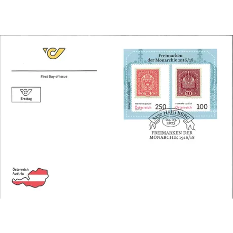 First Day Cover by Austrian Post, 2023, featuring &#039;Freimarken der Monarchie 1916/18&#039; with two stamps, 250 and 100 Eurocents.
