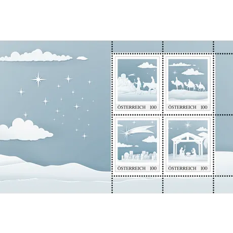 Austrian Post 2023 stamp set, €1.00 each: Nativity scenes with Bethlehem, Magi, star, and manger in blue tones.