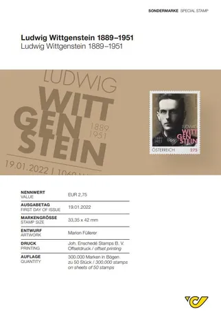 9005b783c5255bcf4ff719ca0a7a928a2a782712.jpg Sondermarke Österreich 2022: Ludwig Wittgenstein, Nominale 2,75 €, Ausgabe am 19.01.2022, Entwurf von Marion Füllerer.
