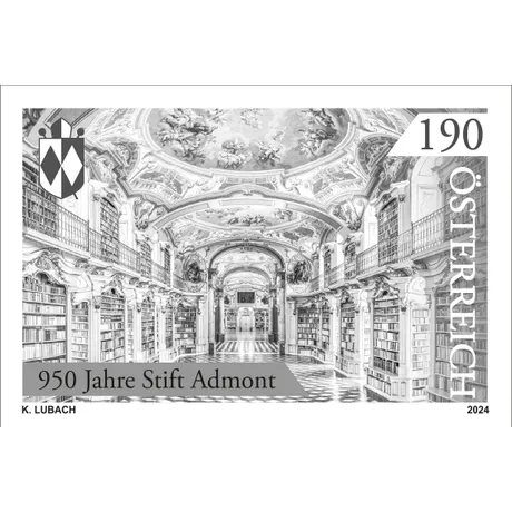 Austrian stamp 2024, nominal value 1.90 euros: 950 years of Admont Abbey, featuring its baroque library.