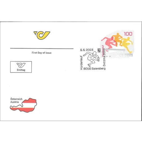 First day cover with Austrian Post logo, Austria map, and 2023 stamp 'Hurdles, 1.00 Euro'.