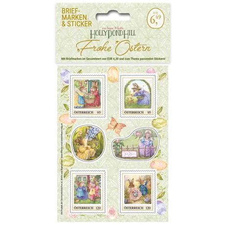 625006_800erHoPo-OSTERN2025_Shop Austrian Post Easter set: 4 stamps (€0.95 and €1.20) with bunny motifs and matching stickers, €6.49.