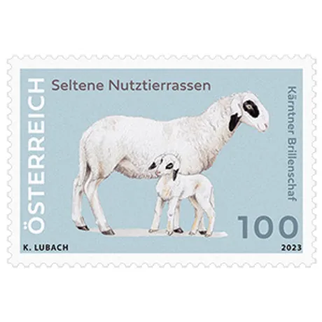 6f92d53c8b27509f8f81a2c591707fddcf738b59.jpg Austrian stamp 2023, nominal value 1.00 Euro: Carinthian Spectacled Sheep, rare livestock breeds series.