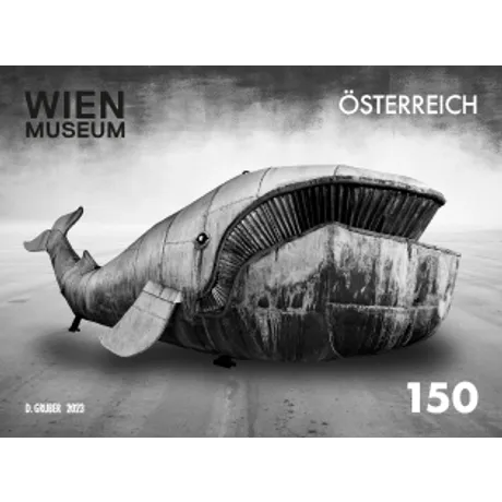 1738157f3c85daae484a23374bed305f7bcbdeab.png Briefmarke Österreich 2023, Nominale 1,50 Euro: Wien Museum mit Wal-Skulptur als Motiv.