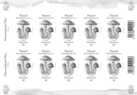 A sheet of Austrian Post stamps, 2023, 0.95 Euro: Parasol mushroom illustration, part of 'Austrian Mushrooms' series.