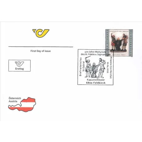 7d0143541fdade74a32930a1225c0ab616670b1d.jpg First day cover with Austrian Post stamp 2022, €1.35: Martyrdom of St. Fidelis of Sigmaringen, sacred art theme.