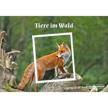 Stamp with a fox on a tree trunk in the forest. Part of Stamp Edition 8 Animals in the Forest. Austria, year 2025