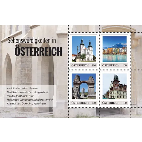 Austrian Post 2023 stamp series 'Sights in Austria', 1.00 Euro each: Frauenkirchen Basilica, Inn River, Carnuntum, Dornbirn Old Town.