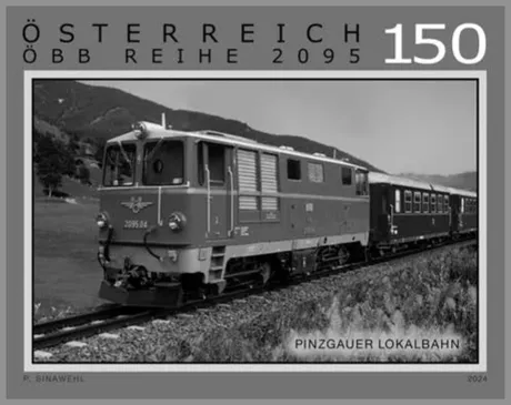 Pinzgauer_Lokalbahn_SD Briefmarke Österreich 2024, Nominale 1,50 Euro: ÖBB-Reihe 2095 Lokomotive der Pinzgauer Lokalbahn in ländlicher Umgebung.