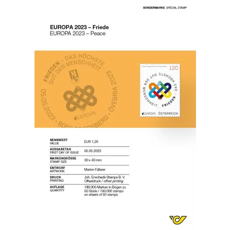 0f865b22f1a359e07ff18b4dcda4a88bbfcc32aa.jpg Austrian Post stamp 'EUROPA 2023 – Peace', €1.20, issued on 05.05.2023, featuring a colorful knot symbol.