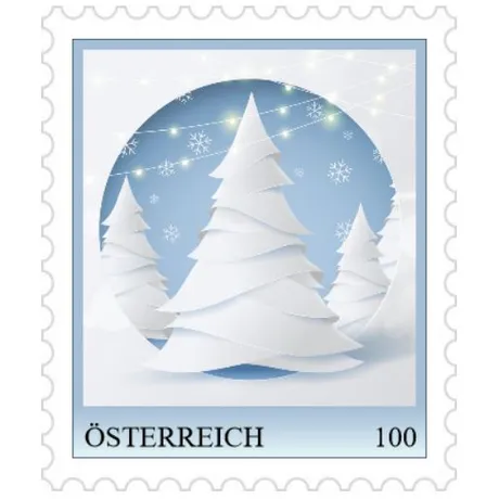 Briefmarke Österreich 2023, Nominale 1,00 Euro: Winterlandschaft mit weißen Bäumen, Schneeflocken und Lichtern.