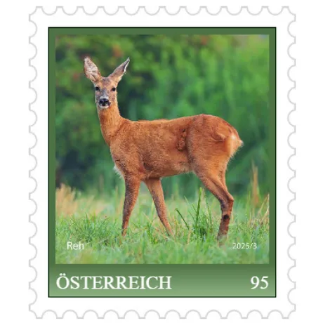 Screenshot 2025-02-12 095351 Austrian stamp 2025, nominal value 0.95 euros: motif of a deer standing in a green meadow.