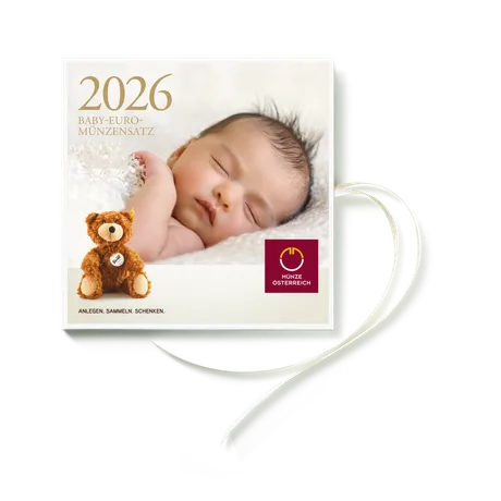 Titelbild des Baby-Euro-Münzensatzes 2026 mit schlafendem Baby auf weißer Decke und einem Teddybär mit Jahreszahl. Herausgegeben von Münze Österreich.