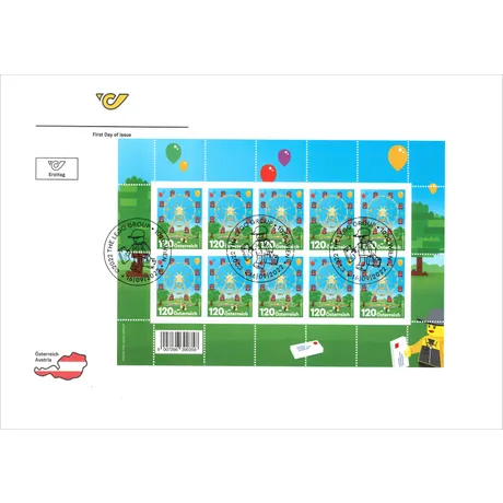 Briefmarkenblock Österreich 2022, Nominale 1,20 €, LEGO-Riesenrad und Wien-Motiv, Ersttagsausgabe.