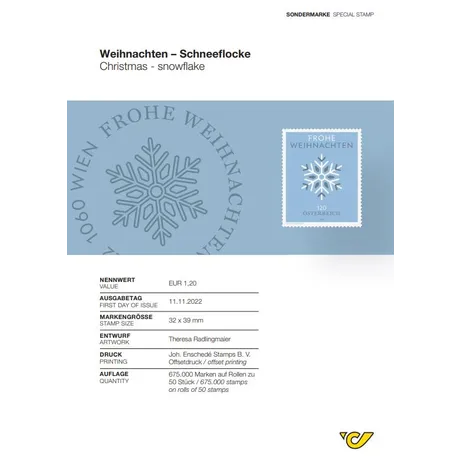 e99eb0c10a0f771dda74b2b5ea6aef4e29c6edfe.jpg Sondermarke Österreich 2022, Nominale 1,20 €: Weihnachtsmotiv Schneeflocke, Ausgabe am 11.11.2022.
