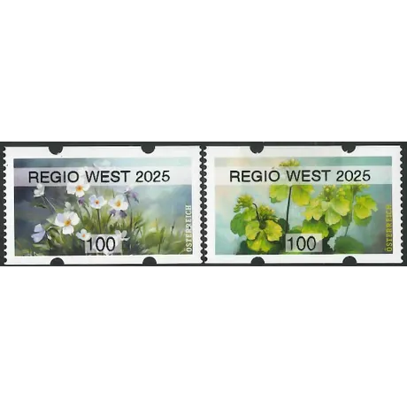 REGIO WEST Austrian Post stamps 2025, Regio West, 1.00 Euro: floral motifs with white and green flowers.