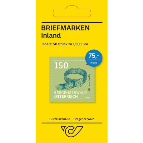 065f51e8ebba1f4dbc2ef203c593d3617be6acaa.jpg Austrian Post stamp pack: 50 stamps at €1.50 each, motif 'Bregenzerwald belt buckle', yellow packaging.
