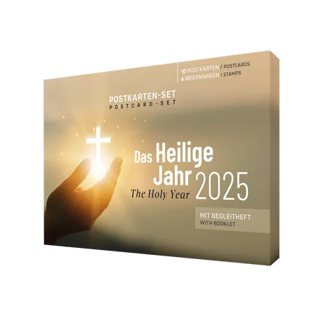 Austrian Post postcard set 'Holy Year 2025' with 10 postcards, 6 stamps, and booklet. Features a glowing cross.
