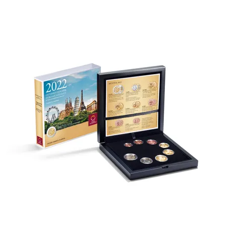 0bcdde689122f919da36eb8fc68ad6e409a212d3.jpg Austrian Euro coin set 2022 in a black display box with detailed descriptions and a colorful outer packaging.