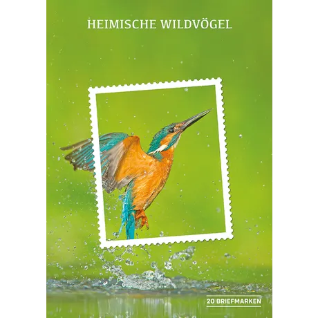 Briefmarkenset der Österreichischen Post 'Heimische Wildvögel' mit Eisvogel aus dem Wasser, 20 Briefmarken.