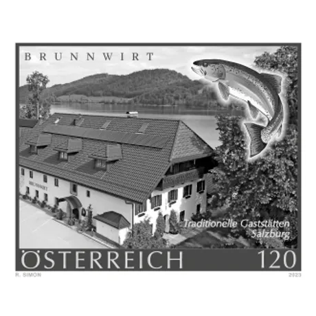 Austrian stamp 2023, nominal value 1.20 euros: Brunnwirt, traditional inn in Salzburg with fish motif.