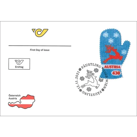 0028a526b412f36ac10a9ce802586b35b1dc475f.jpg Ersttagsbrief der Österreichischen Post mit Briefmarke 2021 'Österreich 4,30 Euro: Fäustling mit Rentier und Schneeflocken'.