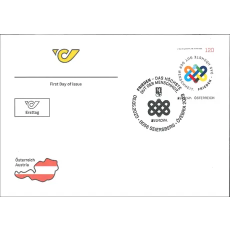 b0bba1bc57b2d941b4f675fd6d18210055423331.jpg First day cover with Austrian Post logo, 2023 Europa stamp 'Peace - Humanity's Highest Good,' and Seiersberg postmark.