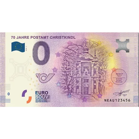Euro souvenir note for 70 years of Postamt Christkindl, featuring the Christkindl church and Austrian Post logo.