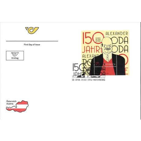 First day cover with Austrian Post stamp 'Austria 2022, Nominal 1.75 Euro: 150 Years Alexander Roda Roda'.