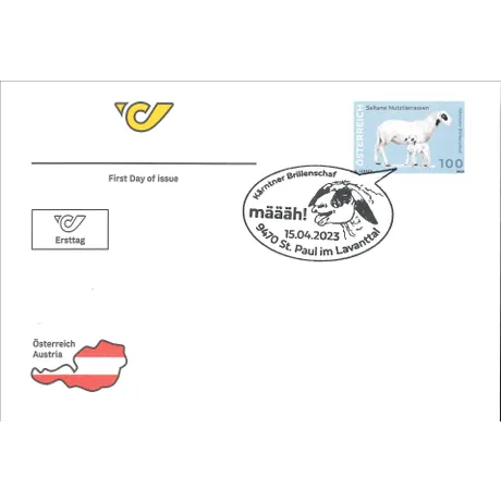 e01be7d78d0b7e1f36631030ef4f89e5ad4ffc42.jpg First day cover with Austrian stamp 2023, €1.00: Carinthian Spectacled Sheep, and special postmark from St. Paul im Lavanttal.