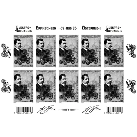 Austrian Post stamp sheet 2023, 1.00 Euro: Ferdinand Porsche and his electric car invention, black and white design.