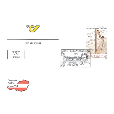 Ersttagsbrief mit Harfen-Briefmarke, Poststempel und Umriss von Österreich. Nominale 100, Österreich, Jahr 2025 Ersttagsbrief mit Harfen-Briefmarke, Poststempel und Umriss von Österreich. Nominale 100, Österreich, Jahr 2025