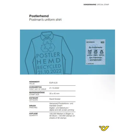 Austrian Post stamp 2022, €8.20: 'Postman’s uniform shirt' theme, blue design with recycling symbol.