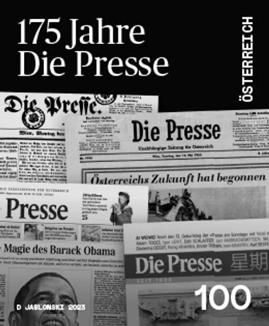 Austrian Post stamp 2023, nominal value 1.00 Euro: 175 years of 'Die Presse' newspaper, black-and-white design.