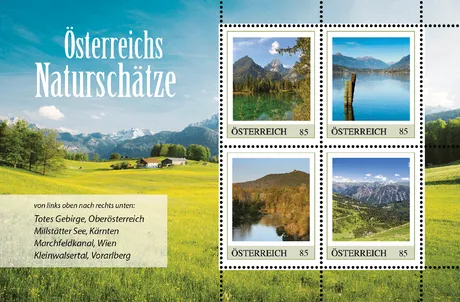 6c6d7ff670e905e82c920a98881dad317a966011.png Briefmarkenblock Österreich 2023, 'Österreichs Naturschätze', Nominale 0,85 €: Totes Gebirge, Millstätter See, Marchfeldkanal, Kleinwalsertal.