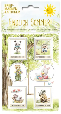 Stamp and sticker set “Finally Summer!” with five animal motifs: panda, bear with flowers, rabbit, elephant, dog. Denomination 4.00, Austria, year 2025