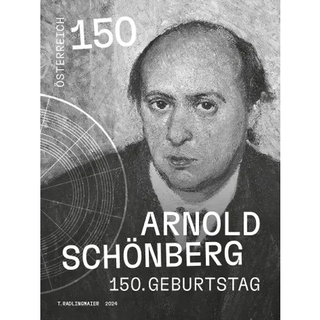 Arnold Schönberg_SD Briefmarke Österreich 2024, Nominale 1,50 Euro: 150. Geburtstag Arnold Schönberg, Porträt und musikalisches Motiv.