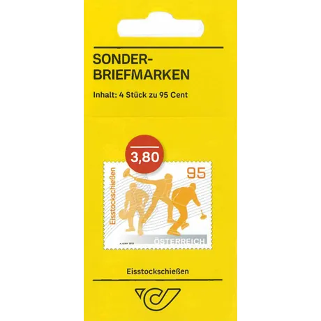SM4_Eisstockschiessen_0125 Austrian Post special stamp set 'Eisstockschießen', 4 stamps at €0.95 each, total €3.80, yellow packaging.