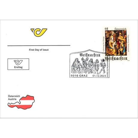 8ed8b2b5e54c28710d34f4fcd22c7dcec26534c9.png First day cover with Austrian Post stamp 'Austria 2023, 0.95 Euro: Christmas, Adoration of the Magi' and Graz postmark.